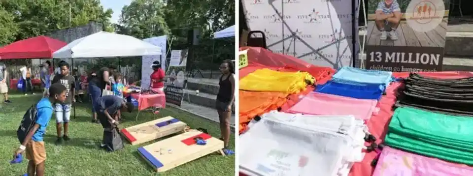 Kids playing cornhole and assorted pencil bags one a table