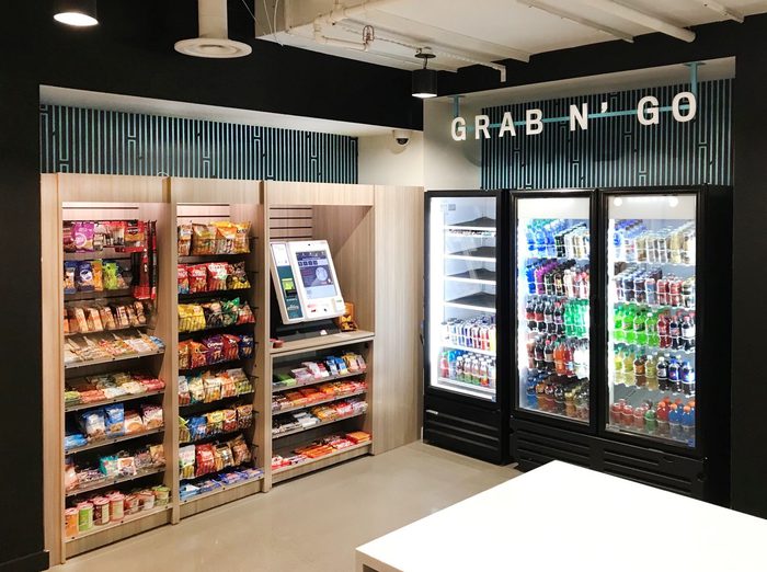 Grab and Go station with snacks and beverage cooler