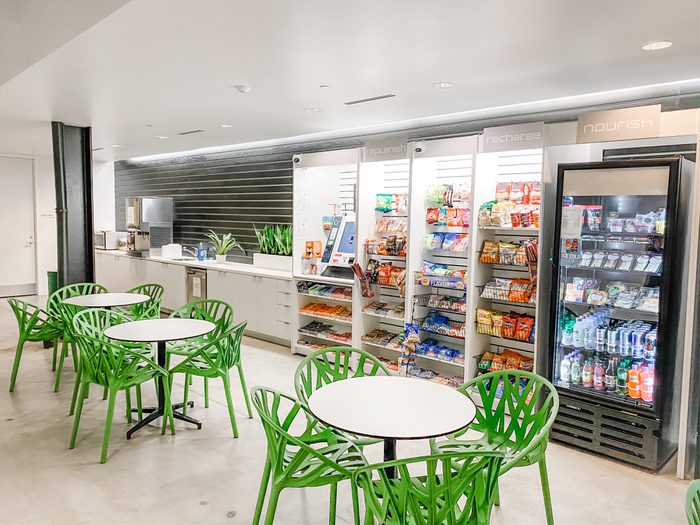 Micro market with beverage coolers and snacks